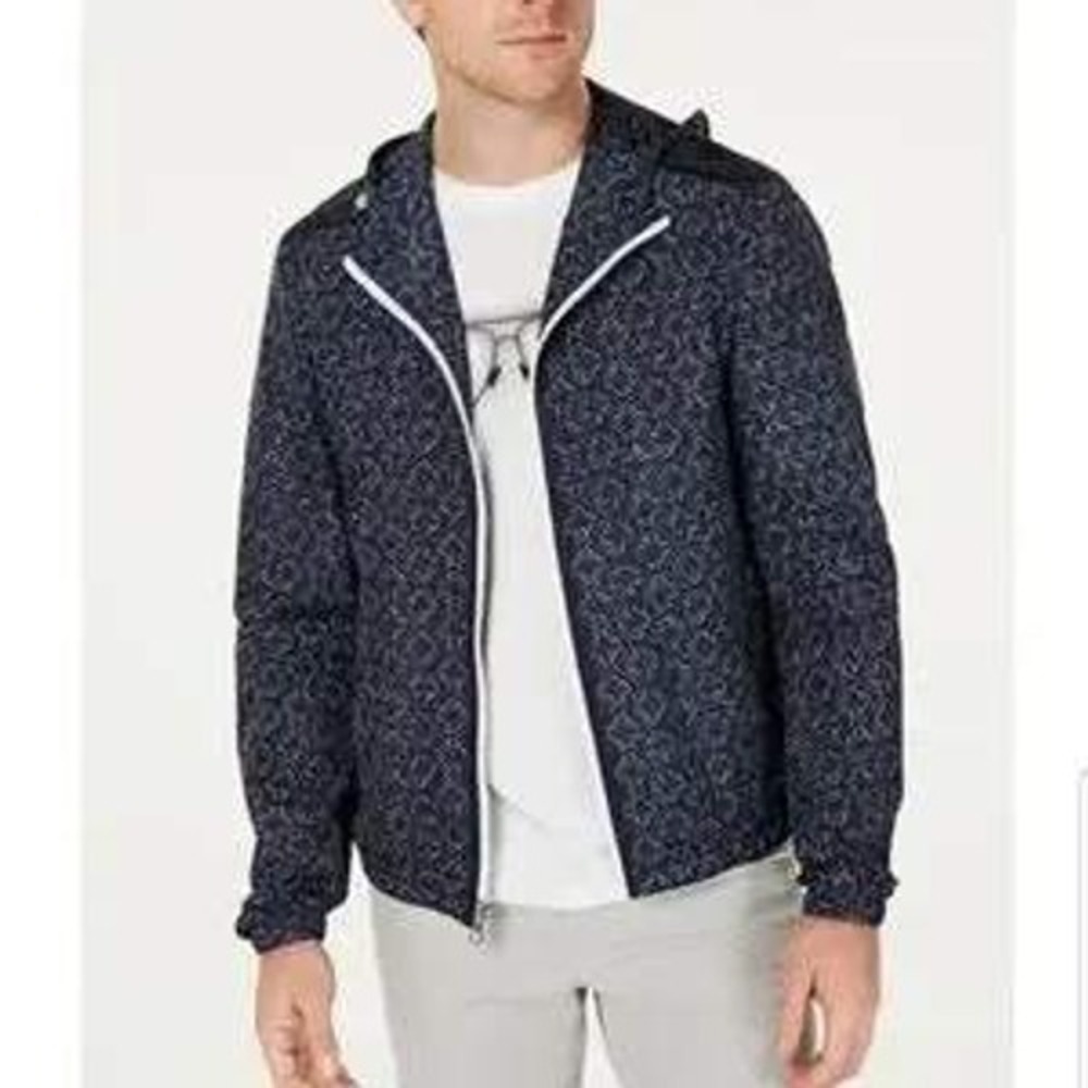 Michael Kors Mens Navy Geometric Print Hooded Windbreaker Jacket Full Zip size M